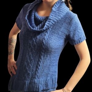 Blue Cable Knit Cowl Neck Sweater
